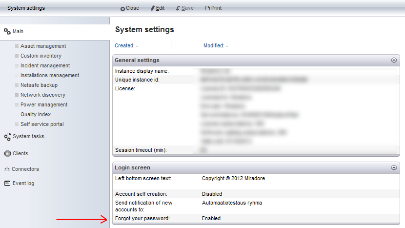Self service password reset can be enabled and disabled from the system settings of Miradore